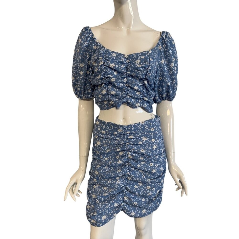 Blue Floral Shein Two-Piece Set Ruched Skirt & Puff Sleeve Crop Top Medium